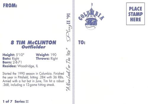 1991 Play II Columbia Mets Postcards #8 Tim McClinton Back