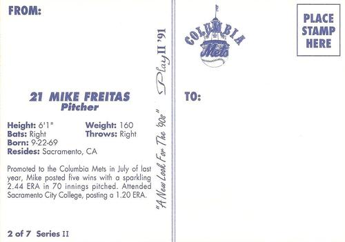 1991 Play II Columbia Mets Postcards #9 Mike Freitas Back