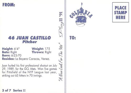 1991 Play II Columbia Mets Postcards #10 Juan Castillo Back