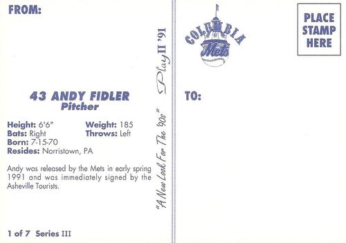 1991 Play II Columbia Mets Postcards #15 Andy Fidler Back