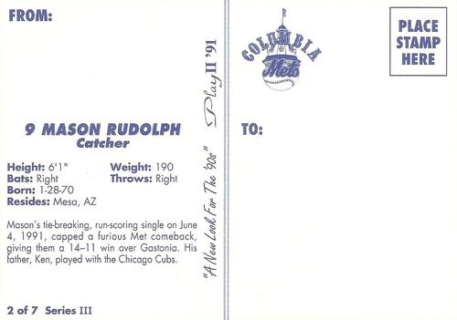 1991 Play II Columbia Mets Postcards #16 Mason Rudolph Back