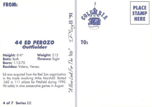 1991 Play II Columbia Mets Postcards #18 Ed Perozo Back