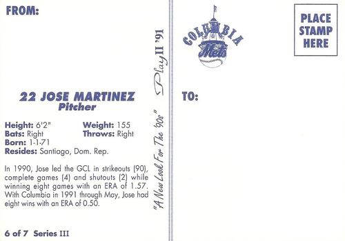 1991 Play II Columbia Mets Postcards #20 Jose Martinez Back