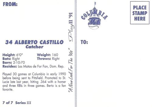 1991 Play II Columbia Mets Postcards #21 Alberto Castillo Back