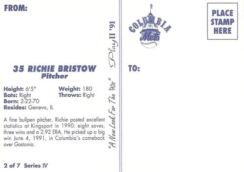 1991 Play II Columbia Mets Postcards #23 Richie Bristow Back