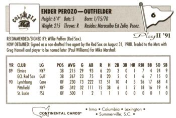 1991 Play II Columbia Mets #6 Ed Perozo Back