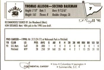 1991 Play II Columbia Mets #7 Tom Allison Back