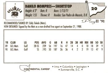 1991 Play II Columbia Mets #20 Danilo Mompres Back