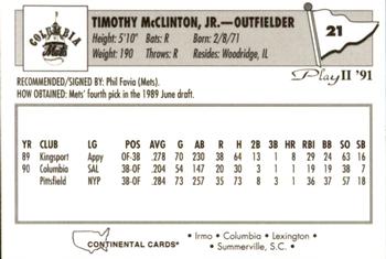 1991 Play II Columbia Mets #21 Tim McClinton Back