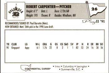 1991 Play II Columbia Mets #26 Rob Carpentier Back