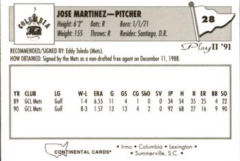 1991 Play II Columbia Mets #28 Jose Martinez Back