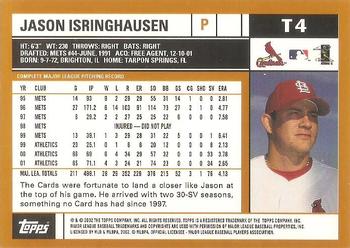 2002 Topps Traded & Rookies #T4 Jason Isringhausen Back
