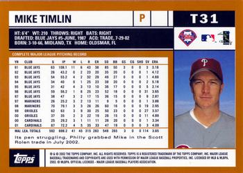 2002 Topps Traded & Rookies #T31 Mike Timlin Back