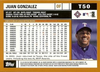 2002 Topps Traded & Rookies #T50 Juan Gonzalez Back