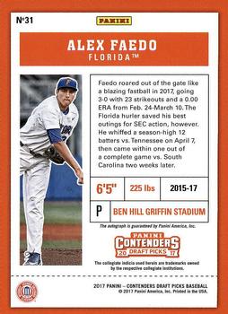 2017 Panini Contenders Draft Picks #31 Alex Faedo Back