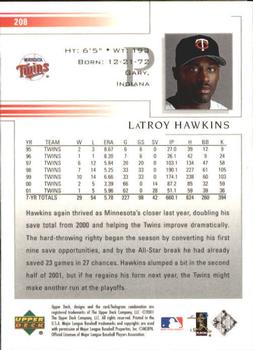 2002 Upper Deck #208 LaTroy Hawkins Back