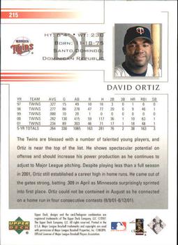 2002 Upper Deck #215 David Ortiz Back