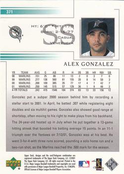 2002 Upper Deck #371 Alex Gonzalez Back