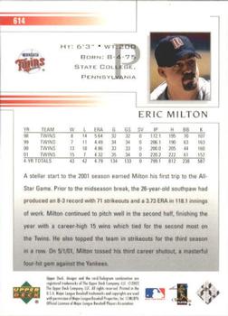 2002 Upper Deck #614 Eric Milton Back