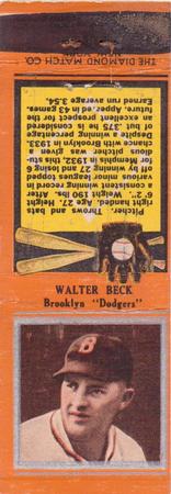 1934 Diamond Matchbooks (U1) #NNO Walter Beck Front