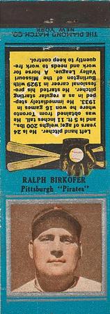 1934 Diamond Matchbooks (U1) #NNO Ralph Birkofer Front