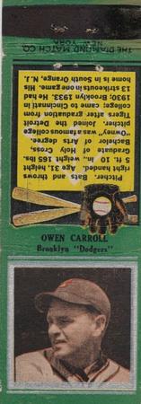 1934 Diamond Matchbooks (U1) #NNO Owen Carroll Front