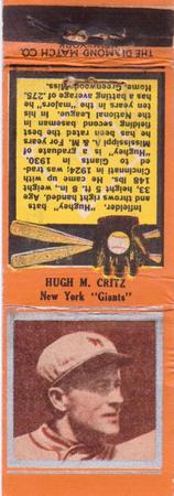 1934 Diamond Matchbooks (U1) #NNO Hugh M. Critz Front