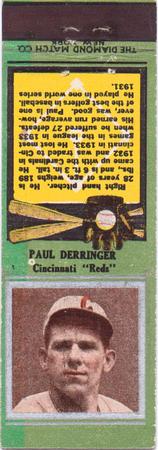 1934 Diamond Matchbooks (U1) #NNO Paul Derringer Front