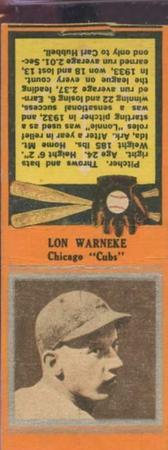 1934 Diamond Matchbooks (U1) #NNO Lon Warneke Front