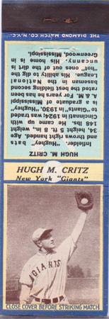 1935-36 Diamond Matchbooks (U3-1) #NNO Hugh M. Critz Front