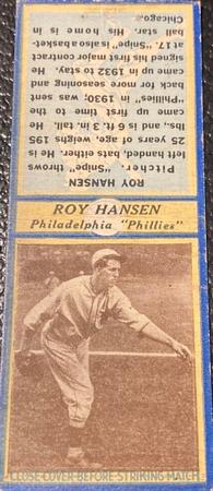 1935-36 Diamond Matchbooks (U3-1) #NNO Roy Hansen Front