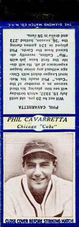 1937 Diamond Matchbooks (U3-2) #NNO Phil Cavarretta Front