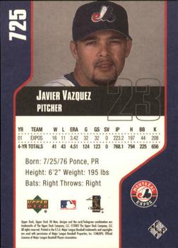 2002 Upper Deck 40-Man #725 Javier Vazquez Back