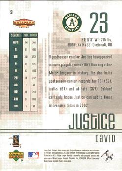 2002 Upper Deck Ballpark Idols #9 David Justice Back