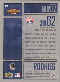 2002 Upper Deck Ballpark Idols #219 Jorge Nunez Back