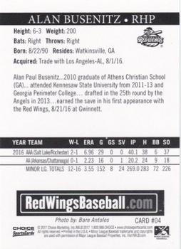 2017 Choice Rochester Red Wings #4 Alan Busenitz Back