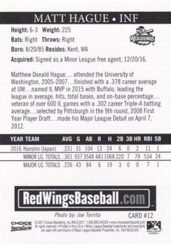 2017 Choice Rochester Red Wings #12 Matt Hague Back