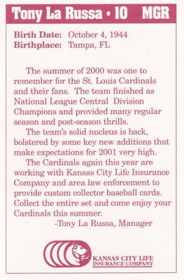 2001 St. Louis Cardinals Police #NNO Tony La Russa Back