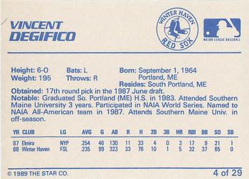1989 Star Winter Haven Red Sox - Platinum #4 Vincent Degifico Back