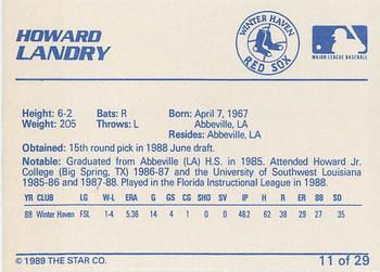 1989 Star Winter Haven Red Sox - Platinum #11 Howard Landry Back