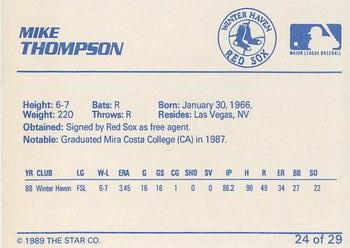 1989 Star Winter Haven Red Sox - Platinum #24 Mike Thompson Back