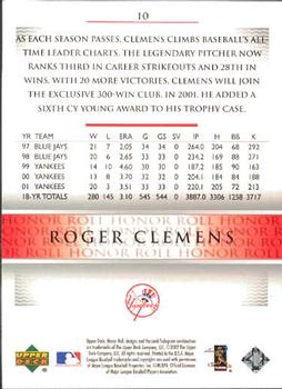 2002 Upper Deck Honor Roll #10 Roger Clemens Back