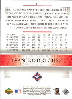 2002 Upper Deck Honor Roll #11 Ivan Rodriguez Back