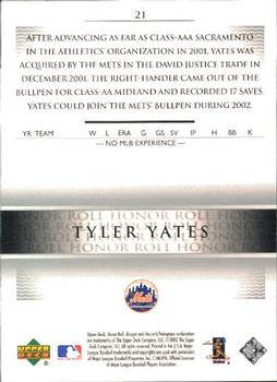 2002 Upper Deck Honor Roll #21 Tyler Yates Back