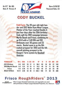 2013 Grandstand Texas League Top Prospects #NNO Cody Buckel Back