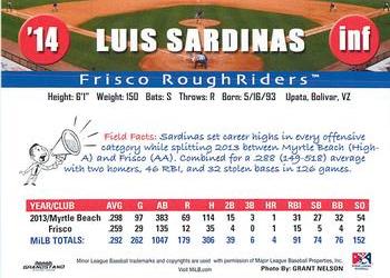 2014 Grandstand Texas League Top Prospects #NNO Luis Sardinas Back
