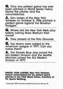 1990 Interpretive Marketing Baseball Wit - Unnumbered #NNO Don Larsen Back