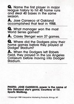 1990 Interpretive Marketing Baseball Wit - Unnumbered #NNO Jose Canseco Back