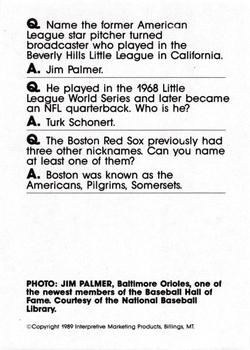 1990 Interpretive Marketing Baseball Wit - Unnumbered #NNO Jim Palmer Back