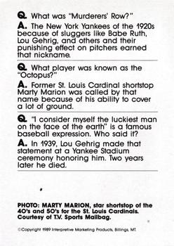 1990 Interpretive Marketing Baseball Wit - Unnumbered #NNO Marty Marion Back